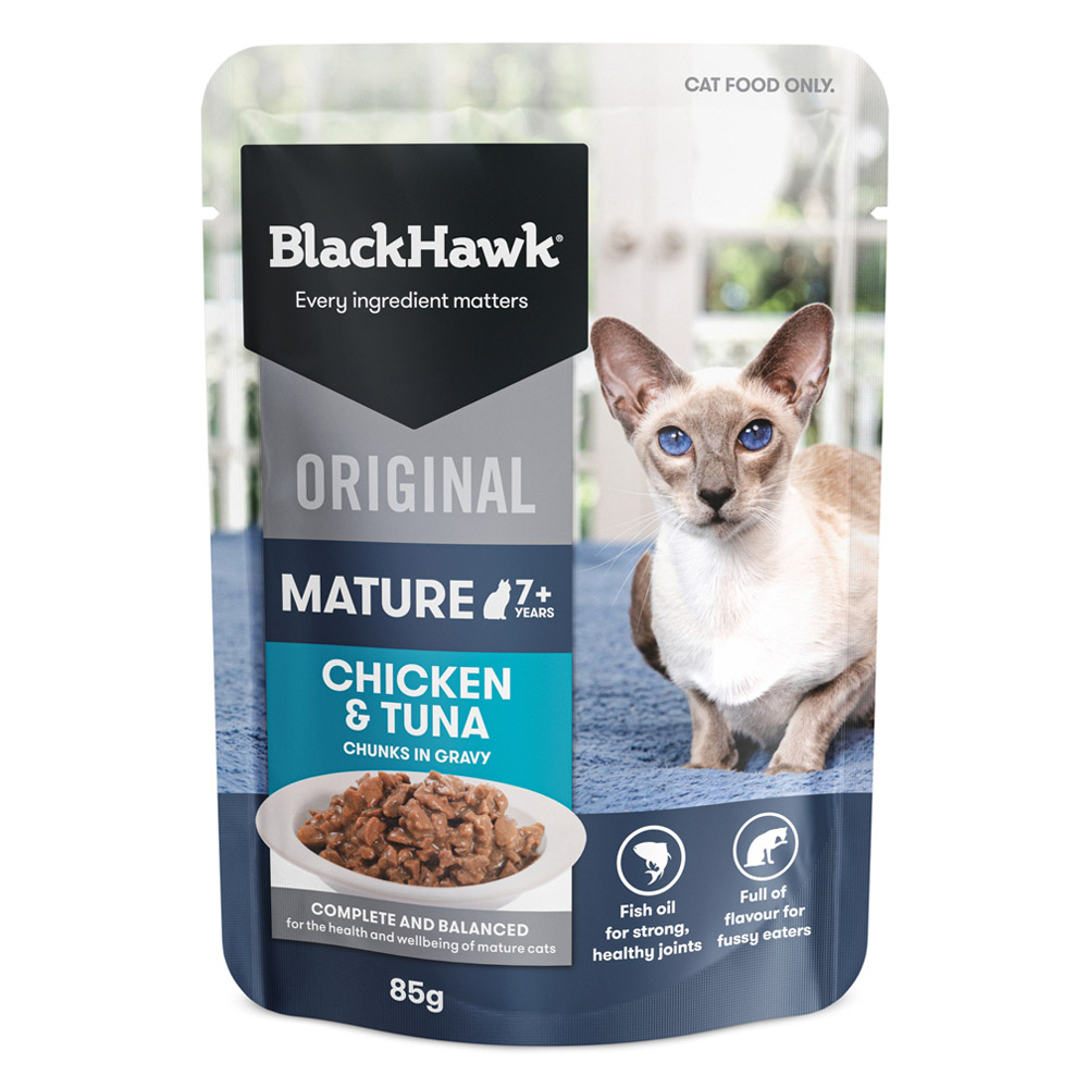 Black Hawk Original Mature 7+ Chicken & Tuna Chunks in Gravy Wet Cat Food 85gm