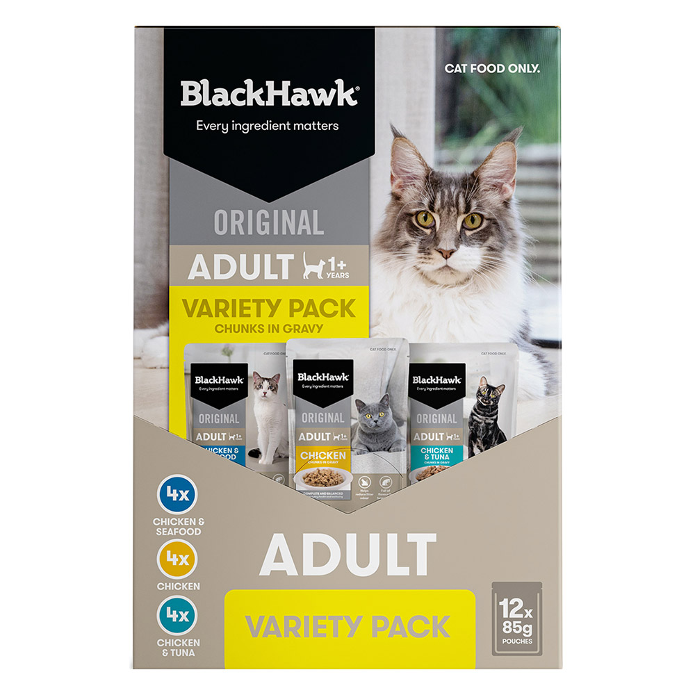 Black Hawk Original Adult 1+ Variety Pack Chunks in Gravy  Wet Cat Food 85gm