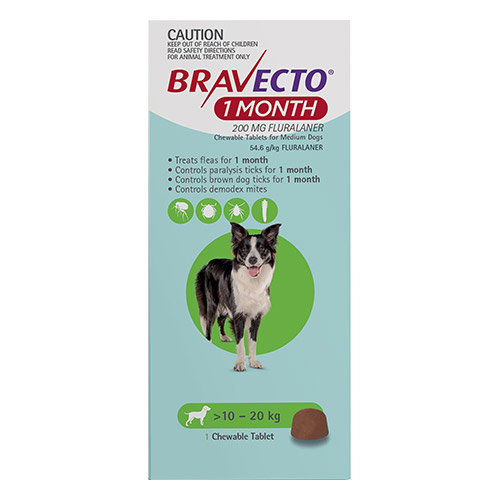 Bravecto 1 Month Chew for Dogs 10-20 Kg -Medium (Green)