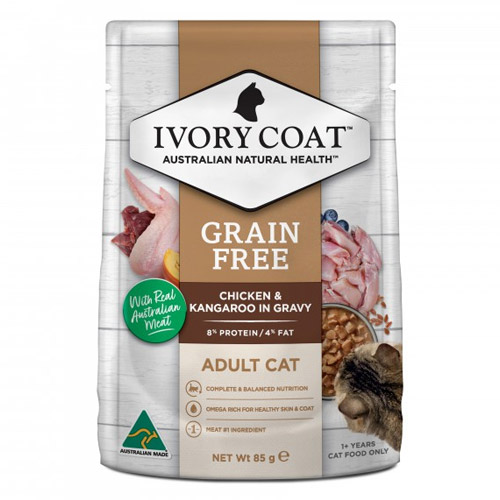 Ivory Coat Cat Adult Grain Free Chicken and Kangaroo in Gravy 85g X 12 Pouches
