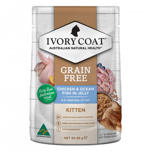 Ivory Coat Cat Kitten Grain Free Chicken and Ocean Fish in Jelly 85g X 12 Pouches