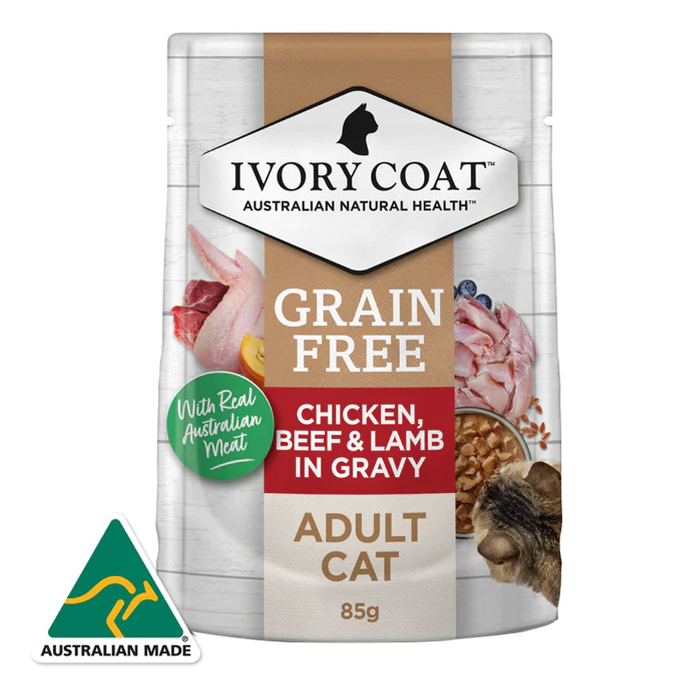 Ivory Coat Grain Free Chicken Beef & Lamb in Gravy Adult Cat Wet Food 85g X 12 Pouches